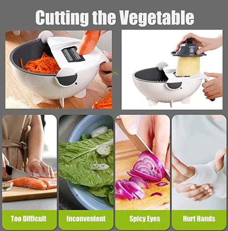 9-in-1 Vegetable Cutter with Drain Basket & 7 Blades | Multifunctional Vegetable Slicer, Chopper & Grater