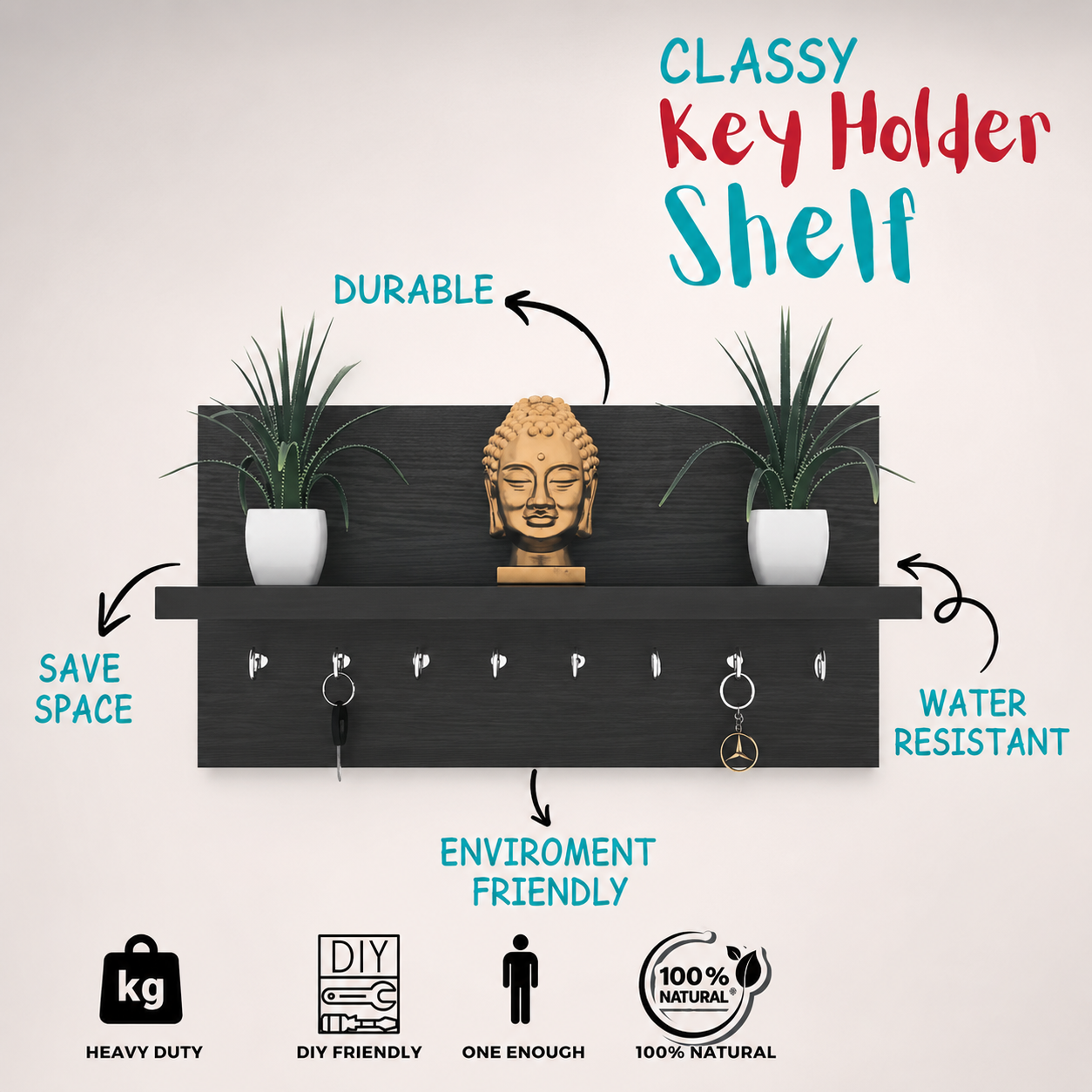 Wooden Key Holder for Wall | 7 Hooks | Modern Home Decor
