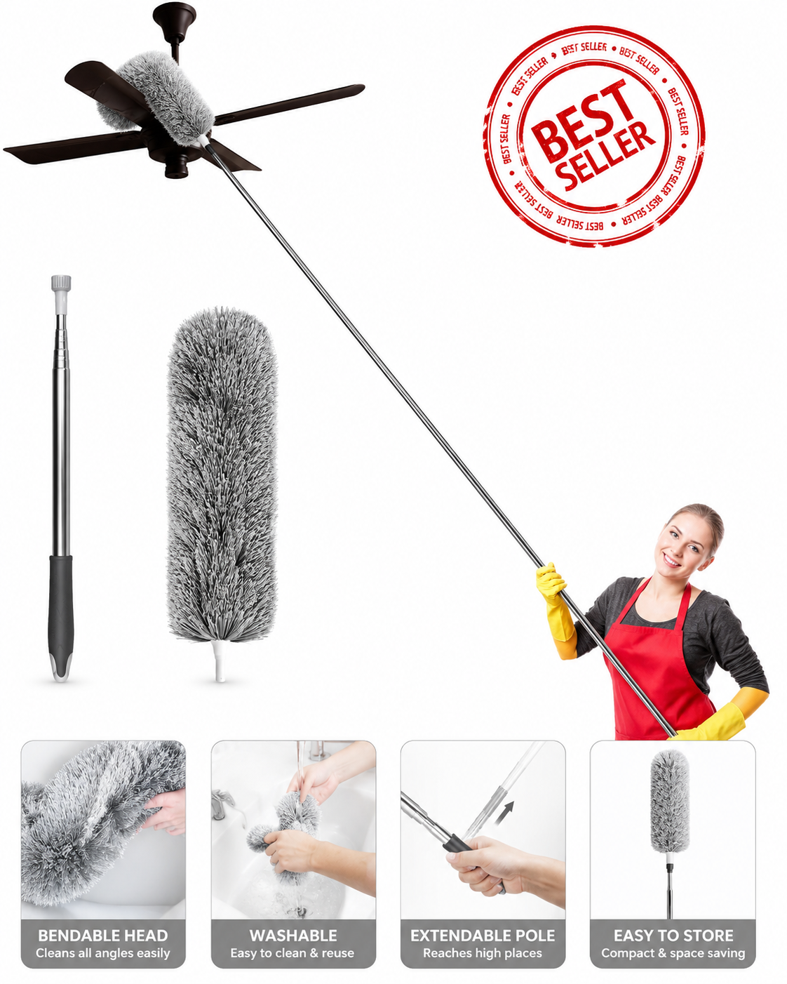 Microfiber Feather Duster – 100-Inch Extendable & Bendable Fan Cleaner for High Ceilings, Windows & Blinds
