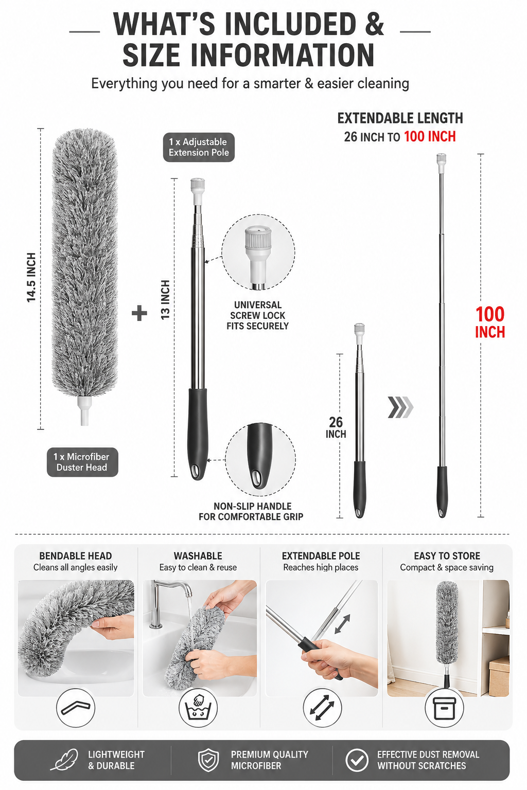 Microfiber Feather Duster – 100-Inch Extendable & Bendable Fan Cleaner for High Ceilings, Windows & Blinds