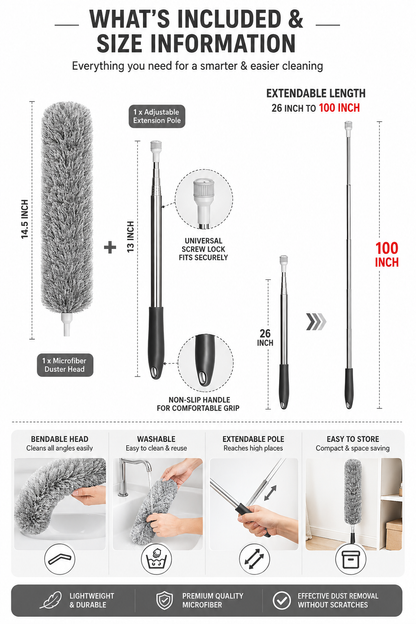Microfiber Feather Duster – 100-Inch Extendable & Bendable Fan Cleaner for High Ceilings, Windows & Blinds