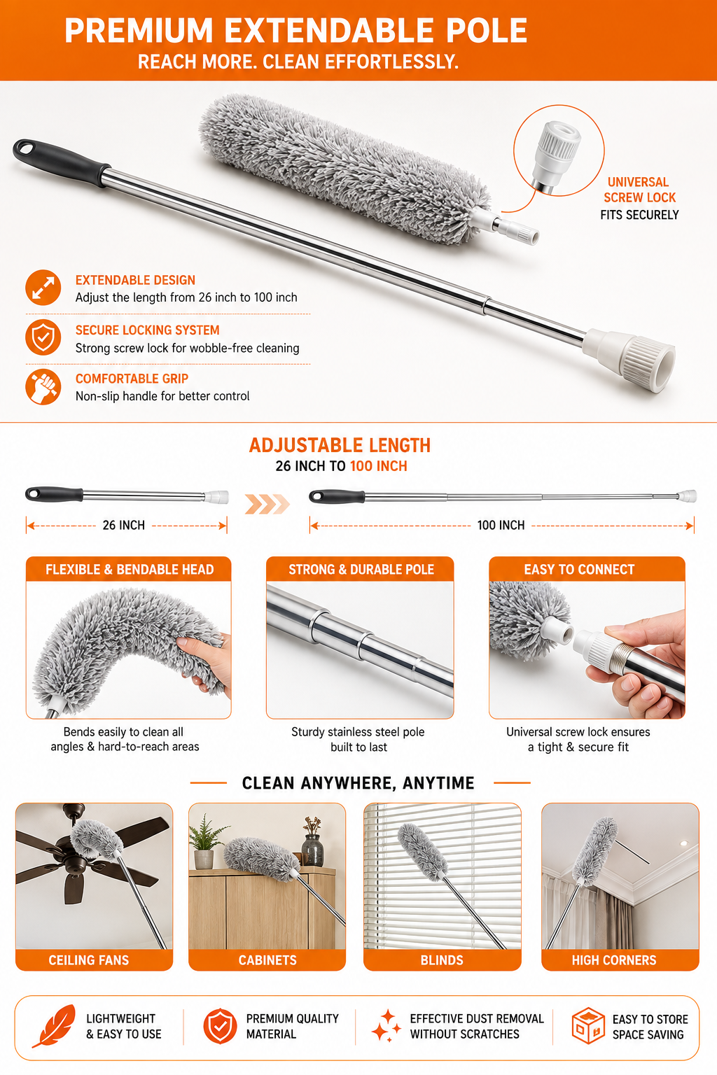 Microfiber Feather Duster – 100-Inch Extendable & Bendable Fan Cleaner for High Ceilings, Windows & Blinds