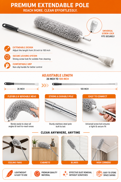 Microfiber Feather Duster – 100-Inch Extendable & Bendable Fan Cleaner for High Ceilings, Windows & Blinds